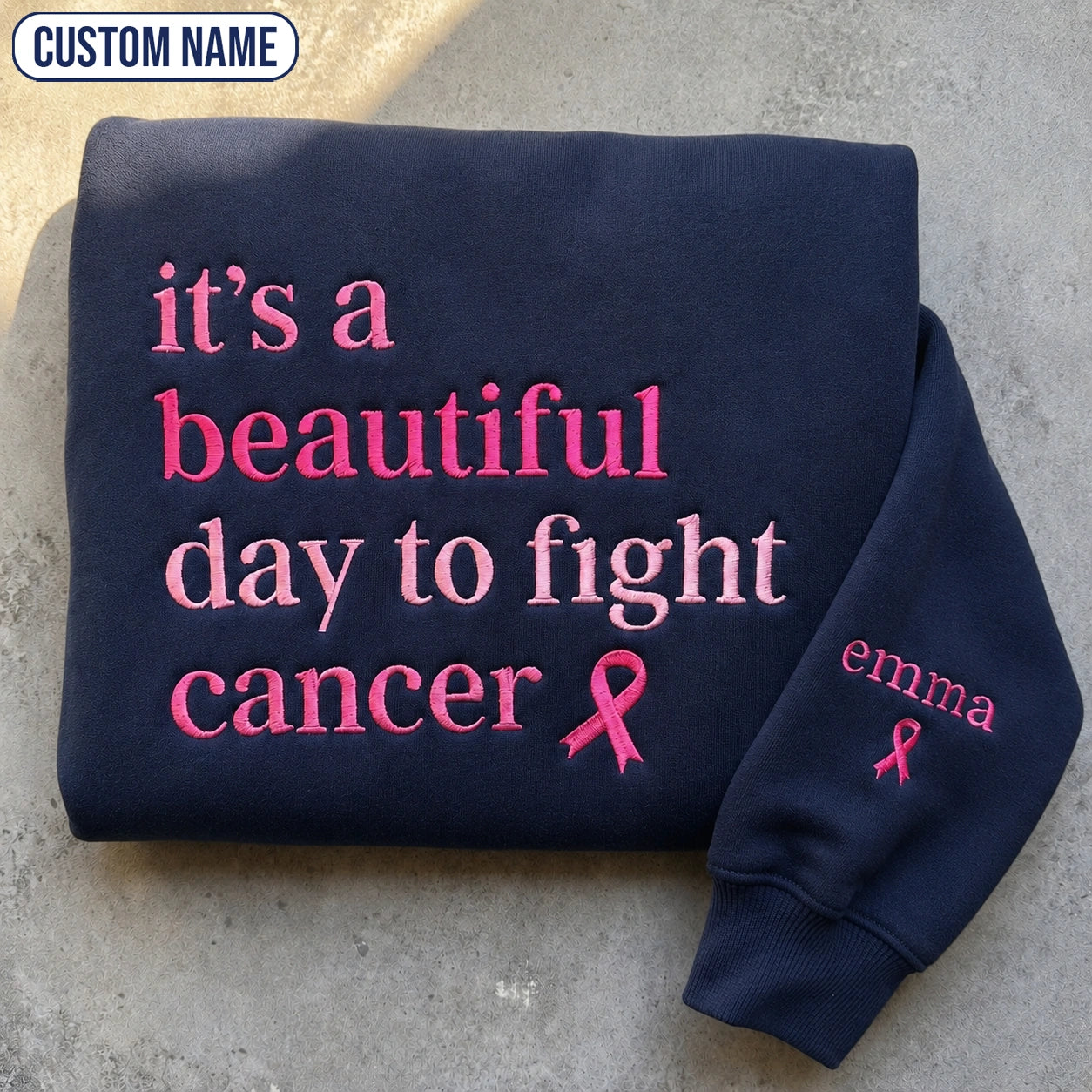Personalized It's a Beautiful Day Embroidered Unisex Crewneck Sweatshirt, Pink Ribbon Awareness Gift