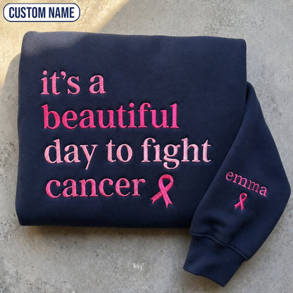 Personalized It's a Beautiful Day Embroidered Unisex Crewneck Sweatshirt, Pink Ribbon Awareness Gift