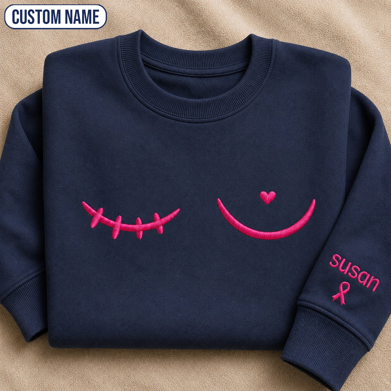 Personalized Minimal Pink Ribbon Line Embroidered Unisex Crewneck Sweatshirt, Awareness Gift