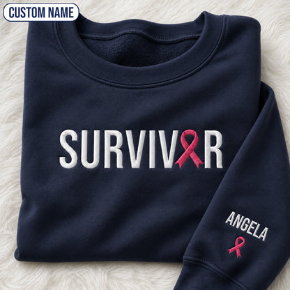 Personalized Pink Ribbon Name Embroidered Unisex Crewneck Sweatshirt, Awareness Gift