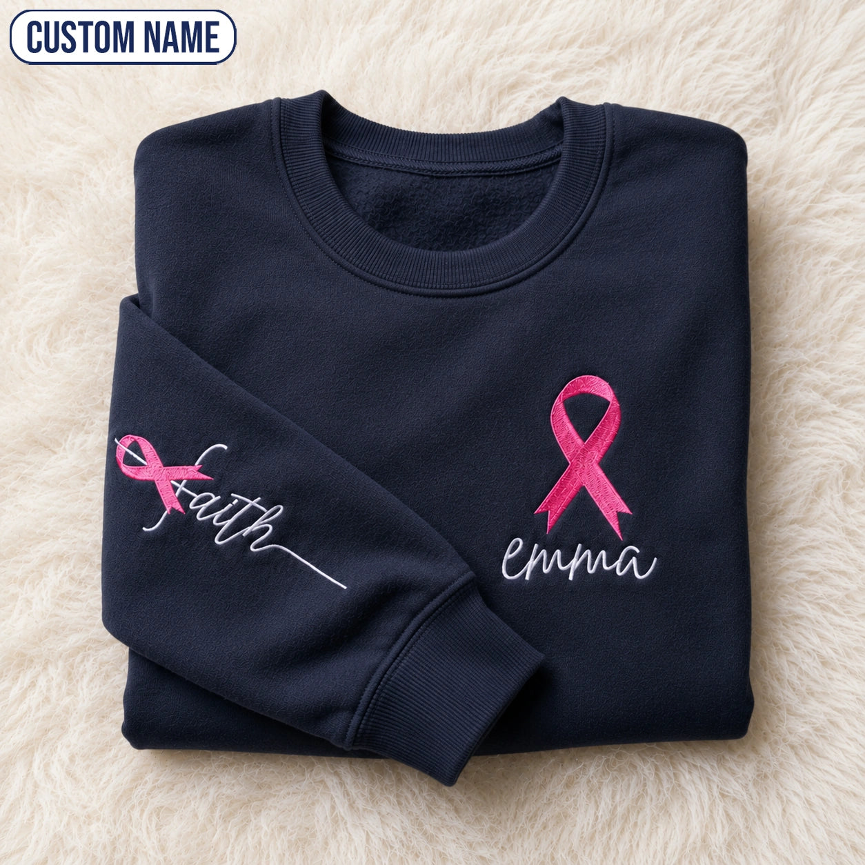Personalized Faith Pink Ribbon Embroidered Unisex Crewneck Sweatshirt, Awareness Gift
