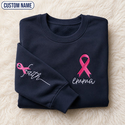 Personalized Faith Pink Ribbon Embroidered Unisex Crewneck Sweatshirt, Awareness Gift