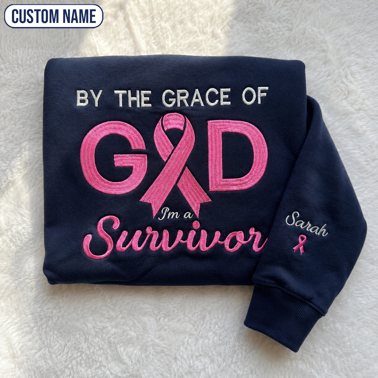 Personalized By the Grace of God Embroidered Unisex Crewneck Sweatshirt, Pink Ribbon Awareness Gift