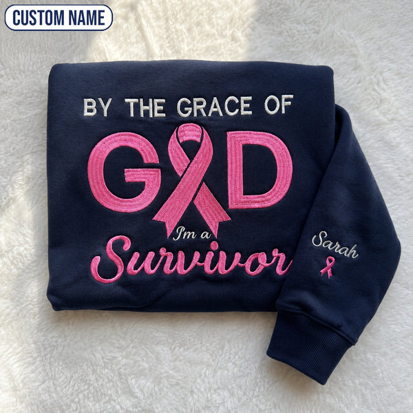 Personalized By the Grace of God Embroidered Unisex Crewneck Sweatshirt, Pink Ribbon Awareness Gift
