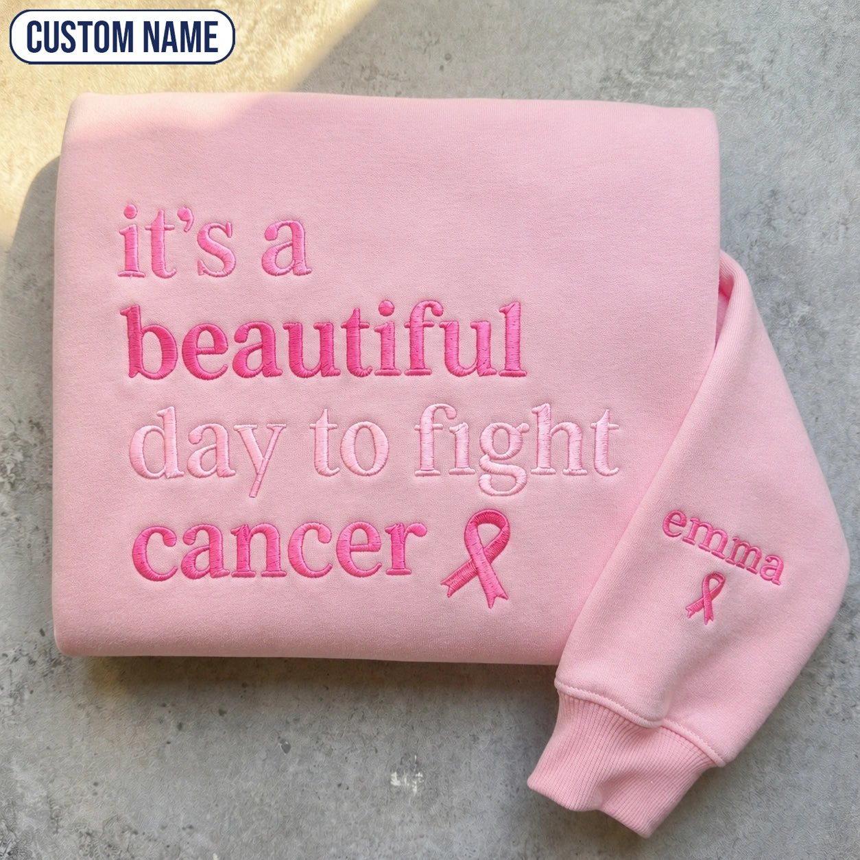 Personalized It's a Beautiful Day Embroidered Unisex Crewneck Sweatshirt, Pink Ribbon Awareness Gift