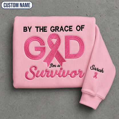 Personalized By the Grace of God Embroidered Unisex Crewneck Sweatshirt, Pink Ribbon Awareness Gift