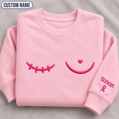 Personalized Minimal Pink Ribbon Line Embroidered Unisex Crewneck Sweatshirt, Awareness Gift