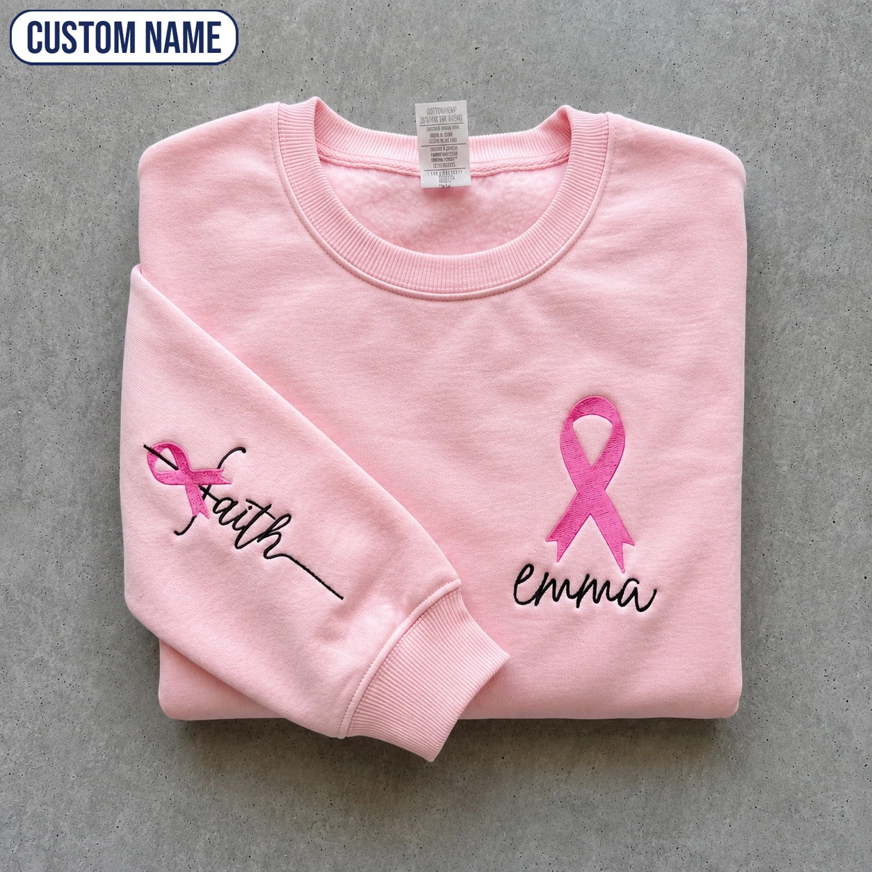 Personalized Faith Pink Ribbon Embroidered Unisex Crewneck Sweatshirt, Awareness Gift