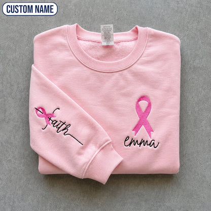 Personalized Faith Pink Ribbon Embroidered Unisex Crewneck Sweatshirt, Awareness Gift