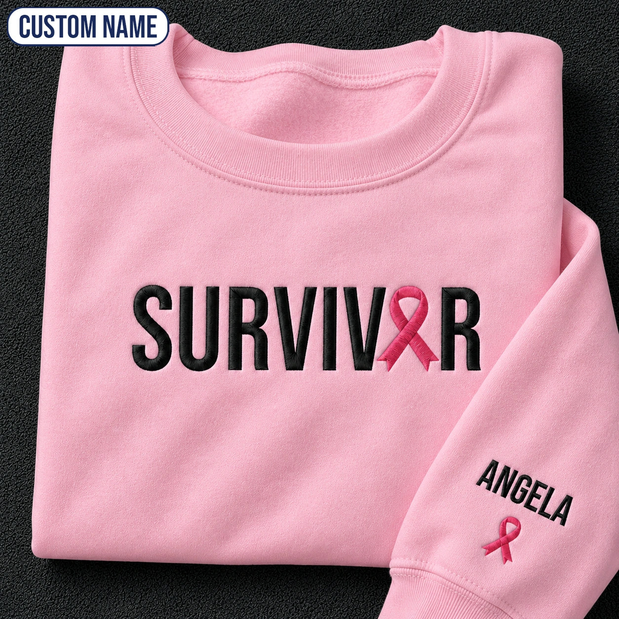 Personalized Pink Ribbon Name Embroidered Unisex Crewneck Sweatshirt, Awareness Gift