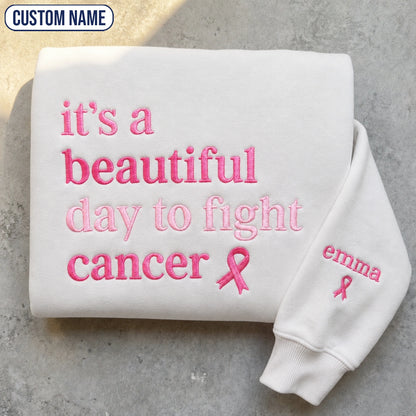 Personalized It's a Beautiful Day Embroidered Unisex Crewneck Sweatshirt, Pink Ribbon Awareness Gift