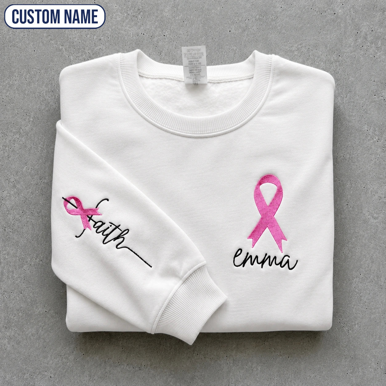 Personalized Faith Pink Ribbon Embroidered Unisex Crewneck Sweatshirt, Awareness Gift