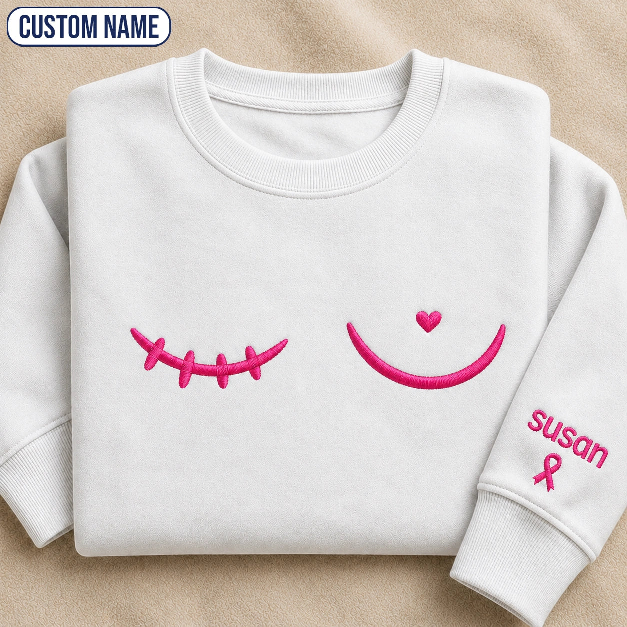 Personalized Minimal Pink Ribbon Line Embroidered Unisex Crewneck Sweatshirt, Awareness Gift