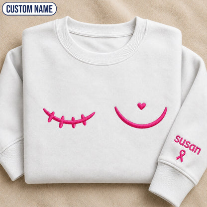 Personalized Minimal Pink Ribbon Line Embroidered Unisex Crewneck Sweatshirt, Awareness Gift