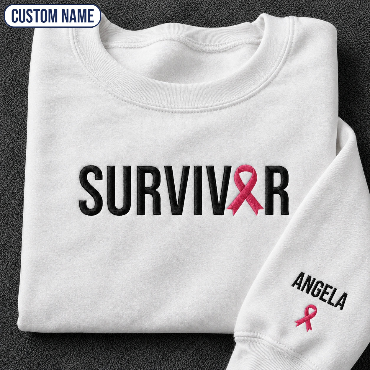 Personalized Pink Ribbon Name Embroidered Unisex Crewneck Sweatshirt, Awareness Gift