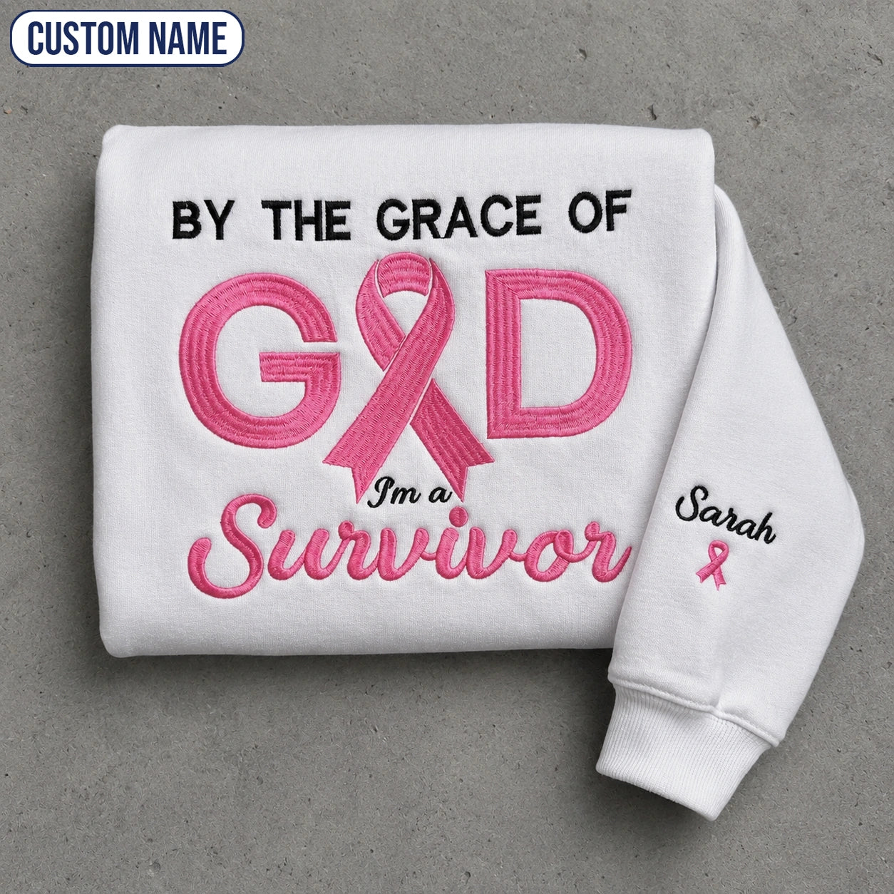 Personalized By the Grace of God Embroidered Unisex Crewneck Sweatshirt, Pink Ribbon Awareness Gift