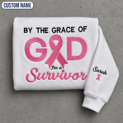 Personalized By the Grace of God Embroidered Unisex Crewneck Sweatshirt, Pink Ribbon Awareness Gift