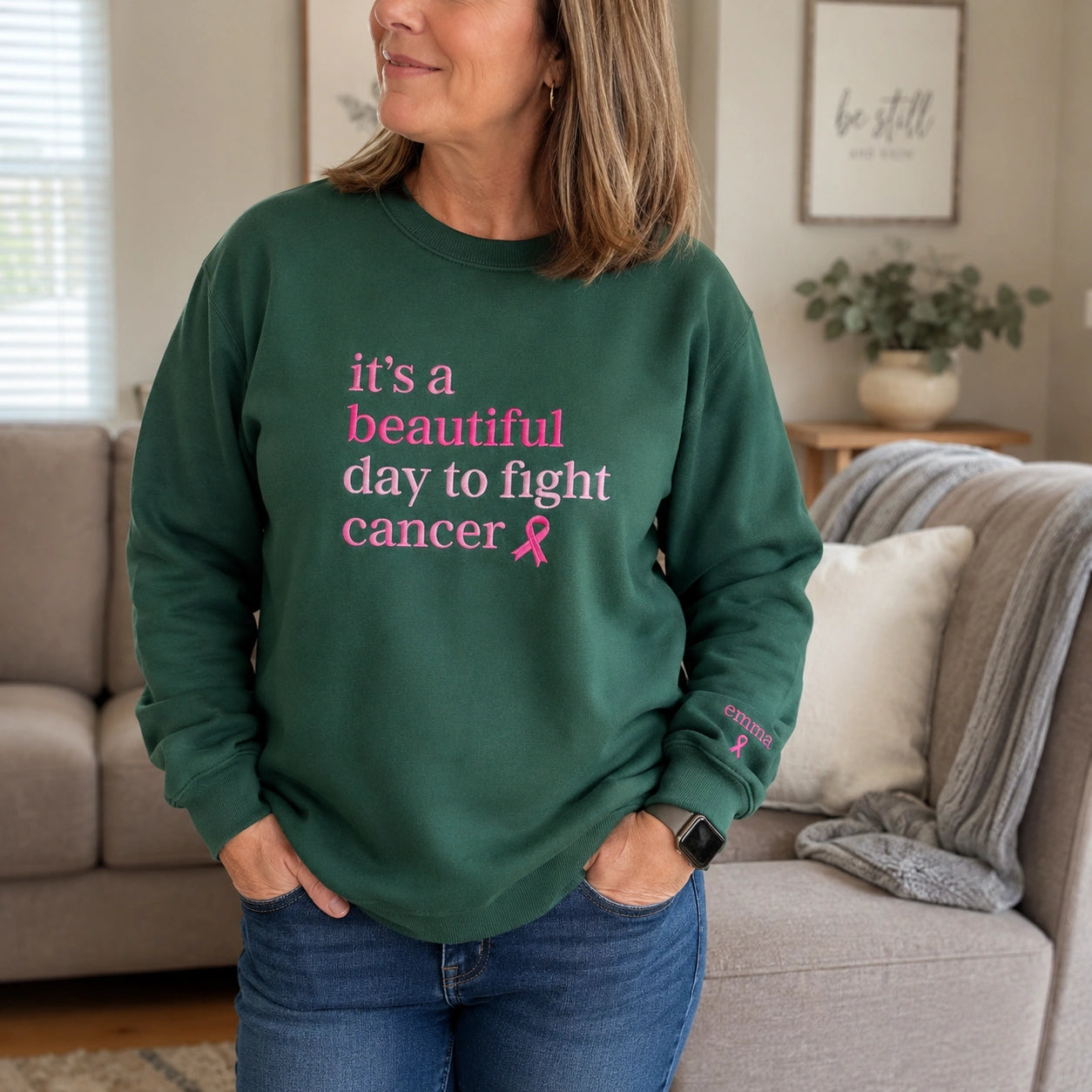 Personalized It's a Beautiful Day Embroidered Unisex Crewneck Sweatshirt, Pink Ribbon Awareness Gift