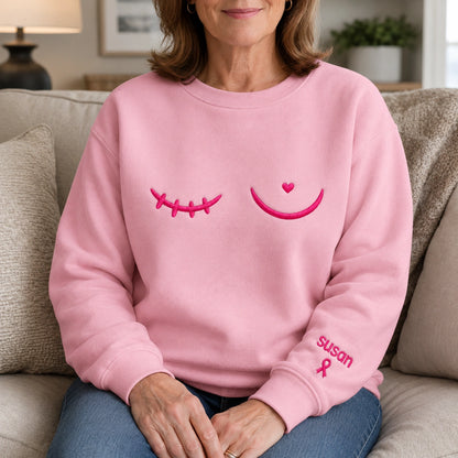 Personalized Minimal Pink Ribbon Line Embroidered Unisex Crewneck Sweatshirt, Awareness Gift