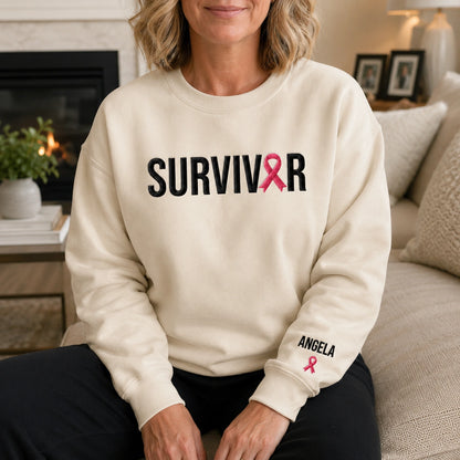 Personalized Pink Ribbon Name Embroidered Unisex Crewneck Sweatshirt, Awareness Gift