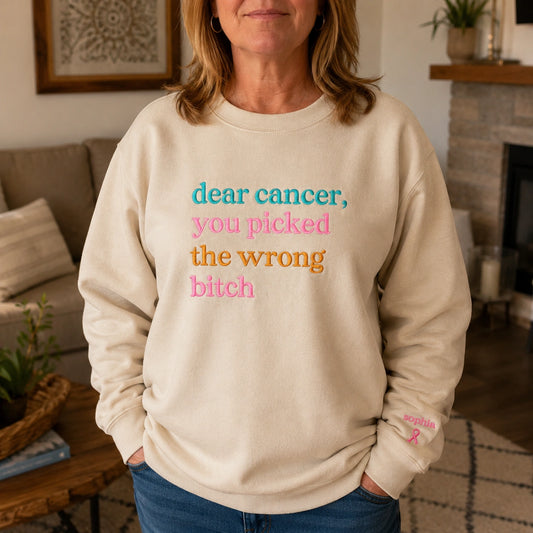 Personalized You Picked The Wrong B*tch Embroidered Unisex Crewneck Sweatshirt, Pink Ribbon Awareness Gift