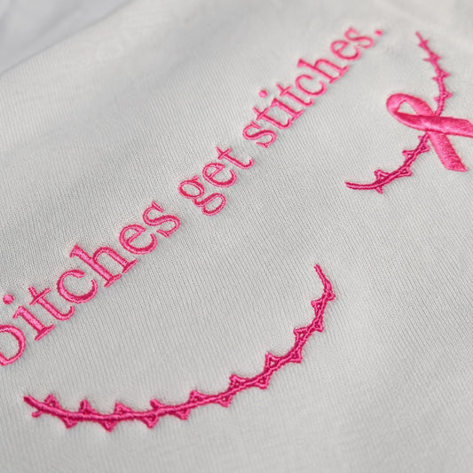 Personalized Bitches Get Stitches Embroidered Unisex Crewneck Sweatshirt, Pink Ribbon Awareness Gift