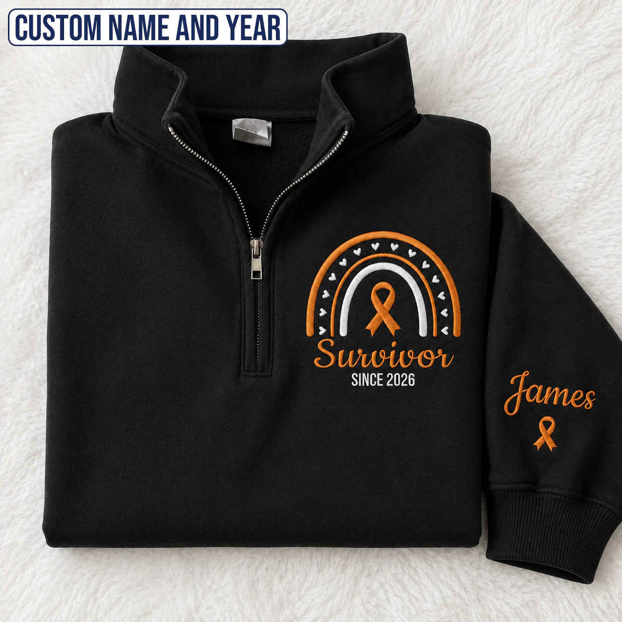 Personalized Orange Ribbon Inspired Name & Year Embroidered Unisex Quarter Zip Sweatshirt, Awareness Gift
