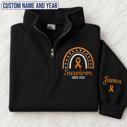 Personalized Orange Ribbon Inspired Name & Year Embroidered Unisex Quarter Zip Sweatshirt, Awareness Gift