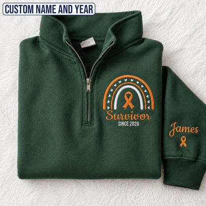 Personalized Orange Ribbon Inspired Name & Year Embroidered Unisex Quarter Zip Sweatshirt, Awareness Gift