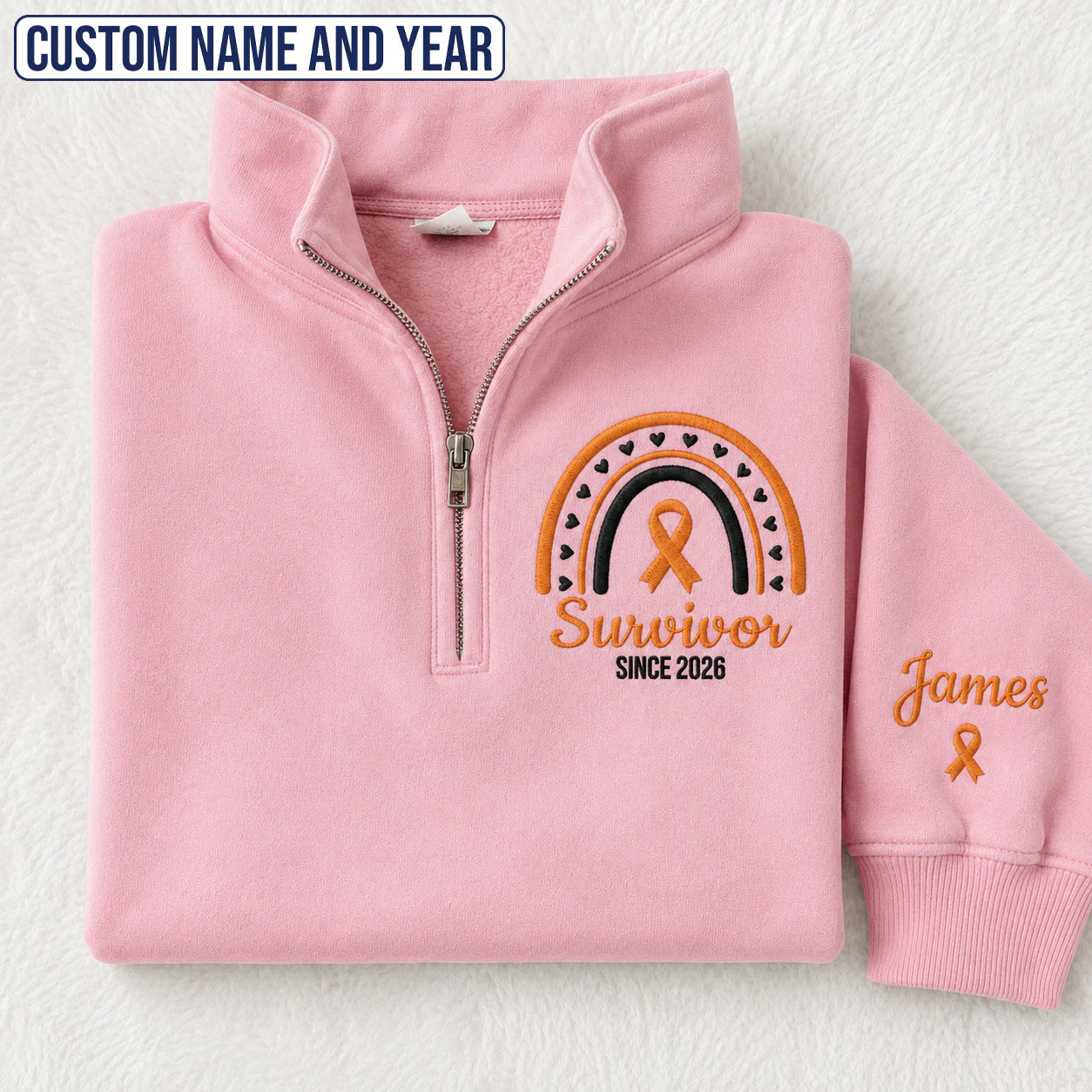 Personalized Orange Ribbon Inspired Name & Year Embroidered Unisex Quarter Zip Sweatshirt, Awareness Gift
