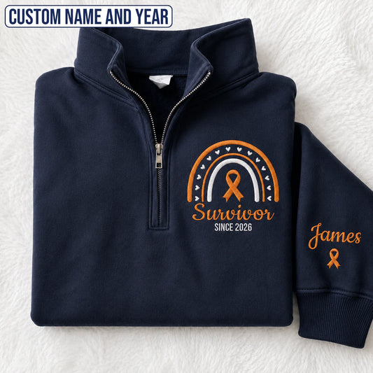 Personalized Orange Ribbon Inspired Name & Year Embroidered Unisex Quarter Zip Sweatshirt, Awareness Gift