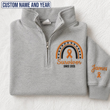 Personalized Orange Ribbon Inspired Name & Year Embroidered Unisex Quarter Zip Sweatshirt, Awareness Gift