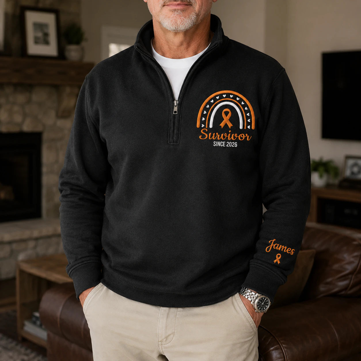 Personalized Orange Ribbon Inspired Name & Year Embroidered Unisex Quarter Zip Sweatshirt, Awareness Gift