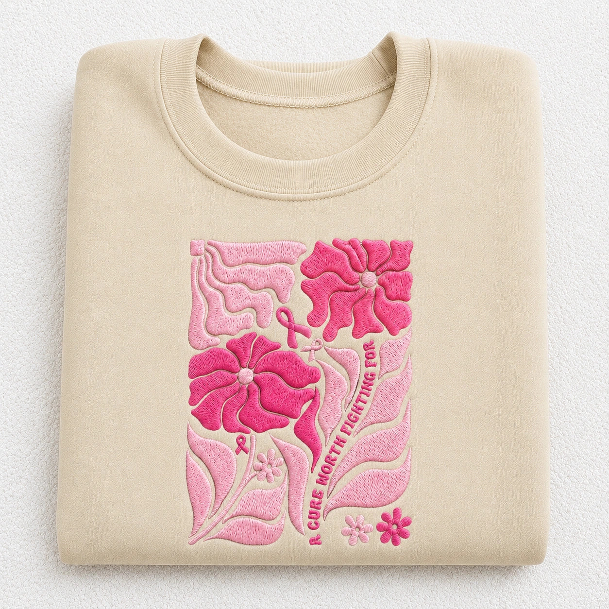 A Cure Worth Fighting For Embroidered Unisex Crewneck Sweatshirt, Pink Ribbon Awareness Gift