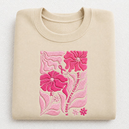 A Cure Worth Fighting For Embroidered Unisex Crewneck Sweatshirt, Pink Ribbon Awareness Gift