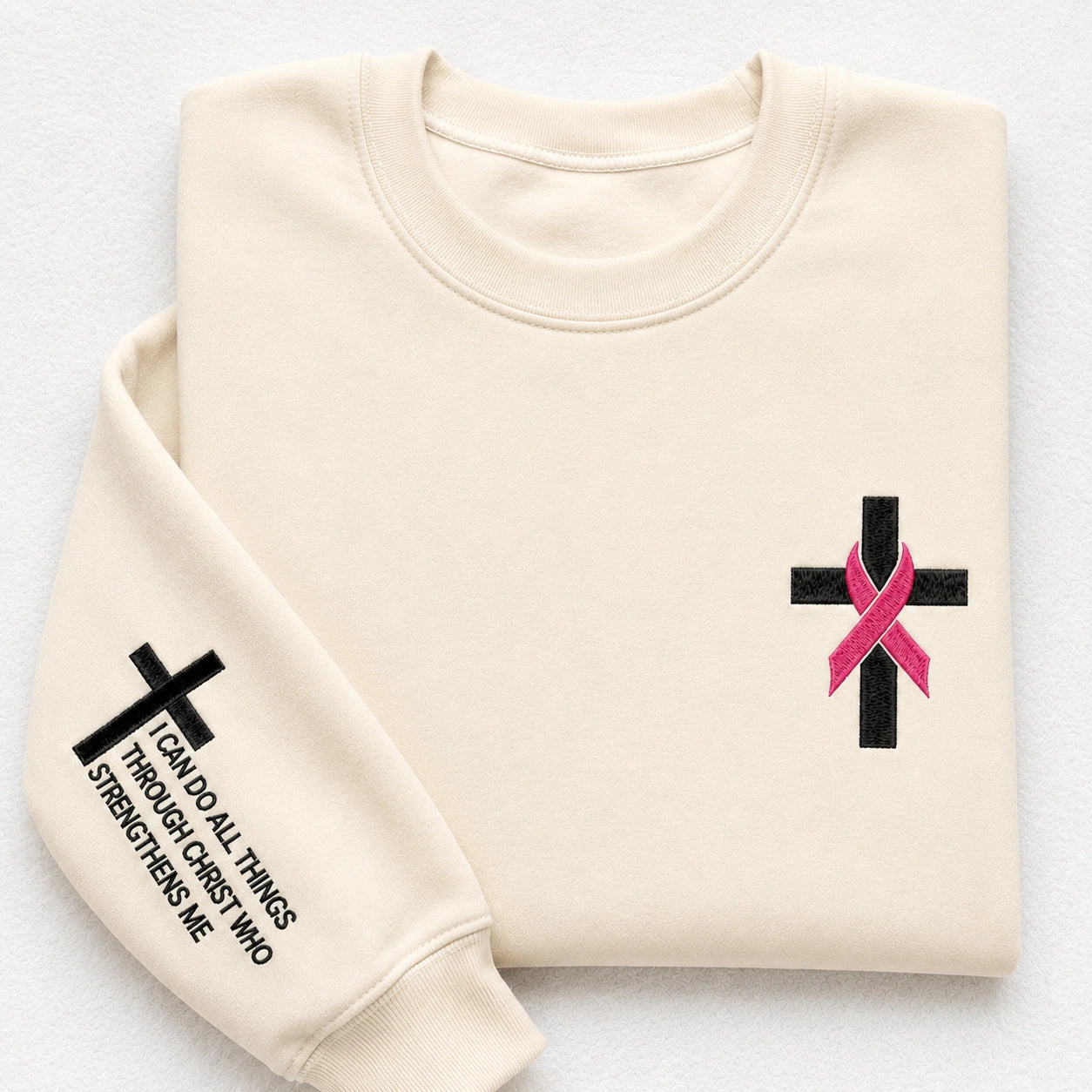 I Can Do All Things Through Christ Who Strengthens Me Embroidered Unisex Crewneck Sweatshirt, Pink Ribbon Awareness Gift