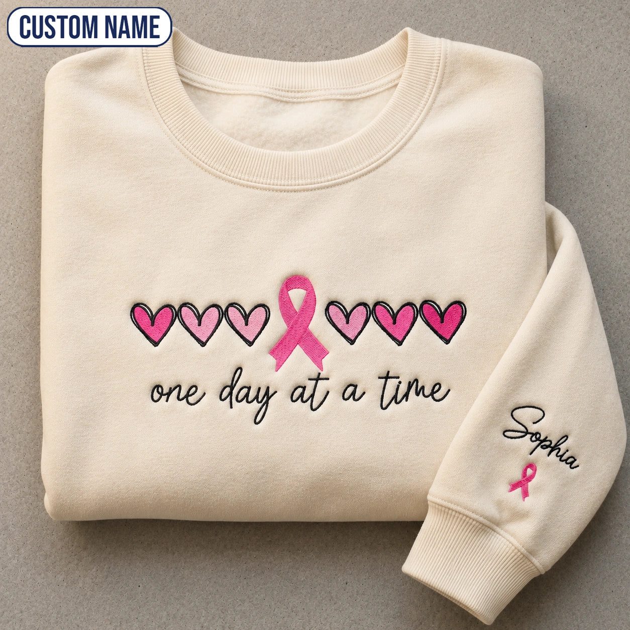 Personalized One Day At A Time Embroidered Unisex Crewneck Sweatshirt, Pink Ribbon Awareness Gift