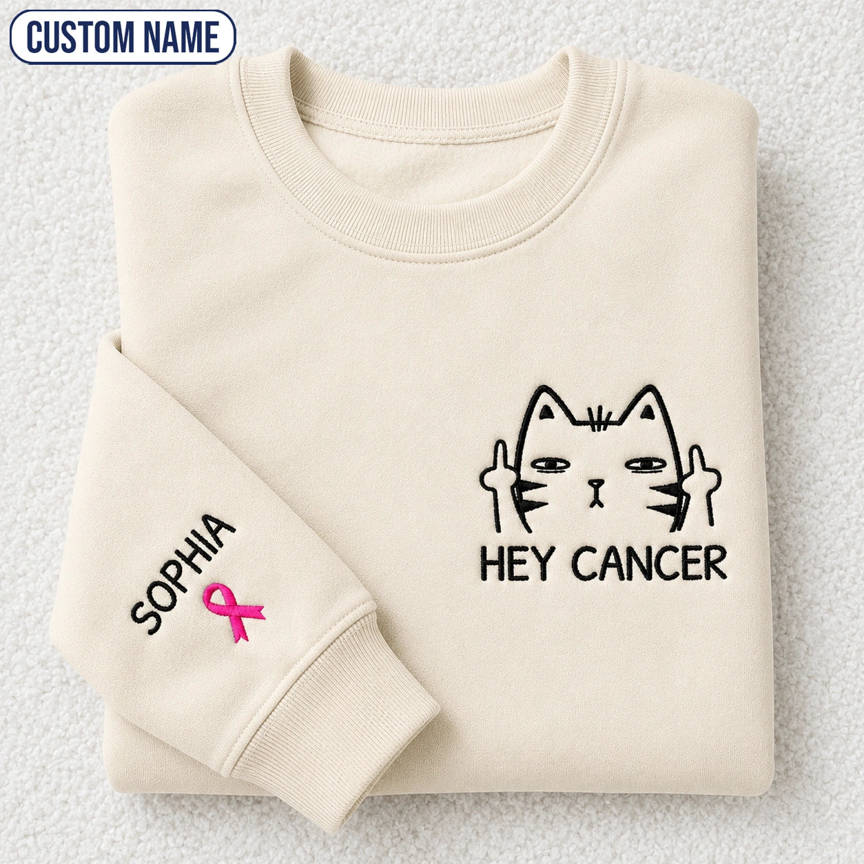 Personalized Funny Cat Pink Ribbon Embroidered Unisex Crewneck Sweatshirt, Awareness Gift