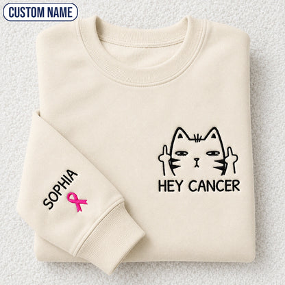 Personalized Funny Cat Pink Ribbon Embroidered Unisex Crewneck Sweatshirt, Awareness Gift