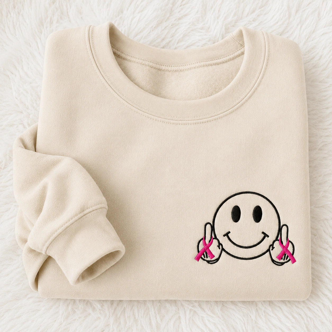 Hey Pink Ribbon Smiley Embroidered Unisex Crewneck Sweatshirt, Awareness Gift