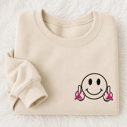 Hey Pink Ribbon Smiley Embroidered Unisex Crewneck Sweatshirt, Awareness Gift