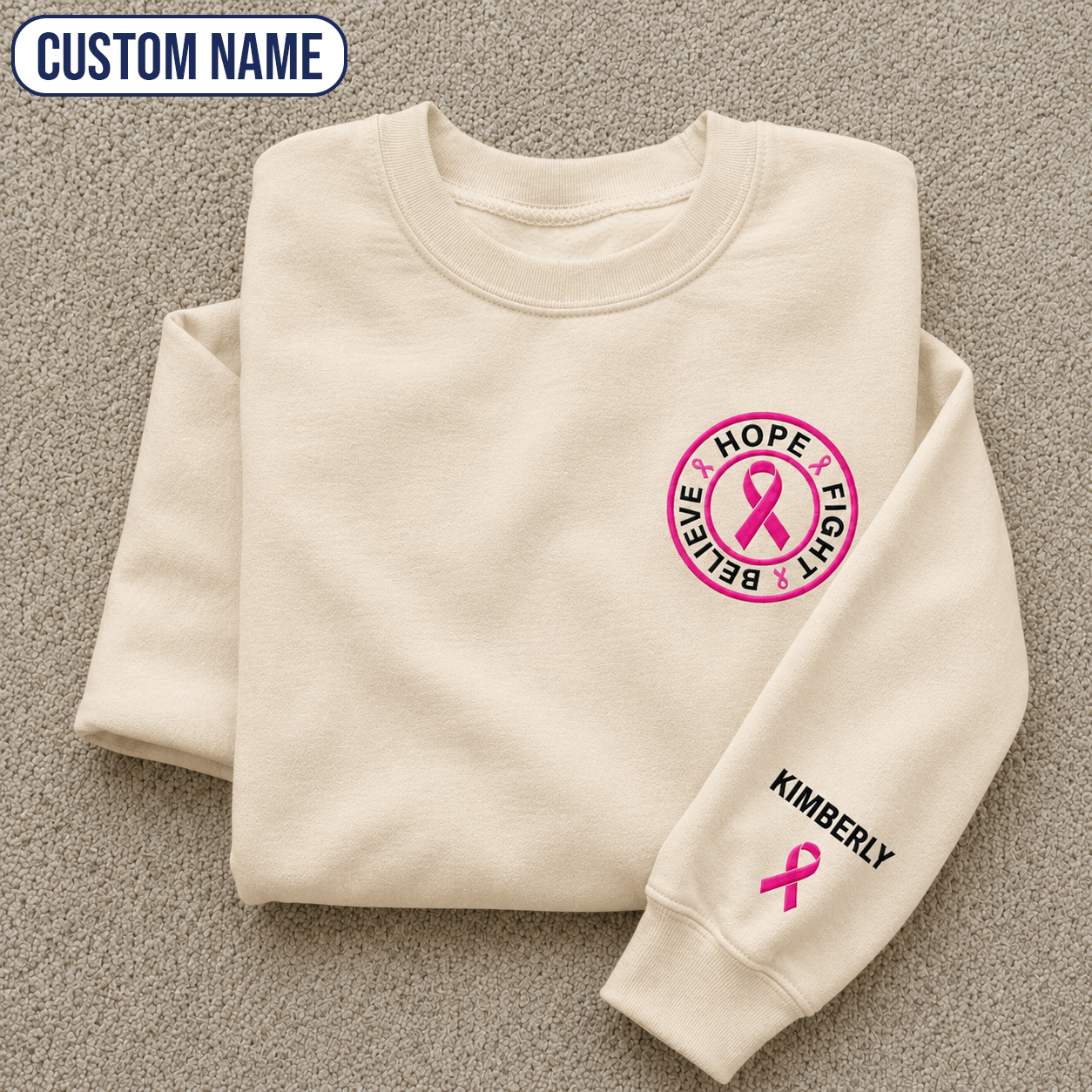Personalized Believe Hope and Fight Embroidered Unisex Crewneck Sweatshirt, Pink Ribbon Awareness Gift