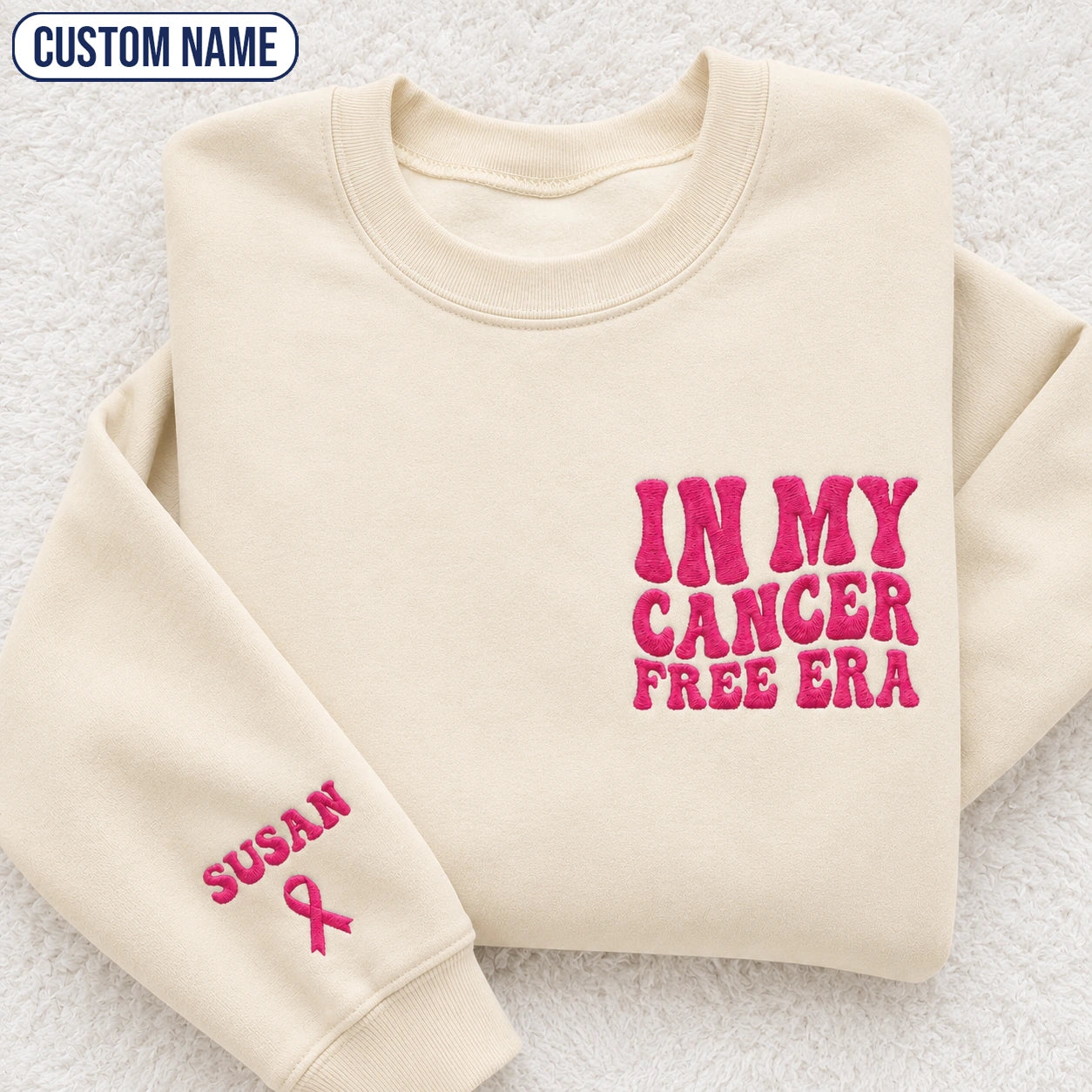 Personalized In My Free Era Pink Ribbon Embroidered Unisex Crewneck Sweatshirt, Awareness Gift