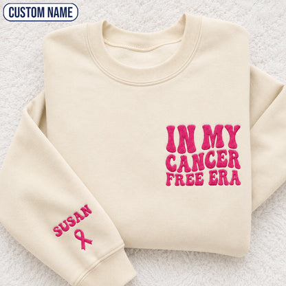 Personalized In My Free Era Pink Ribbon Embroidered Unisex Crewneck Sweatshirt, Awareness Gift