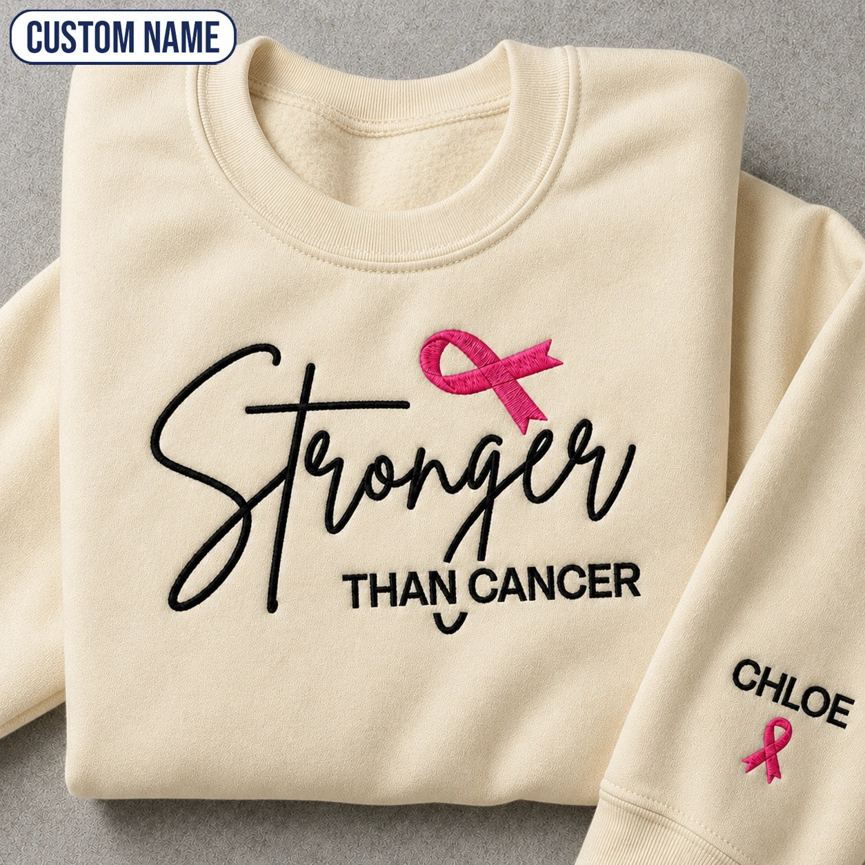 Personalized Stronger Pink Ribbon Embroidered Unisex Crewneck Sweatshirt, Awareness Gift