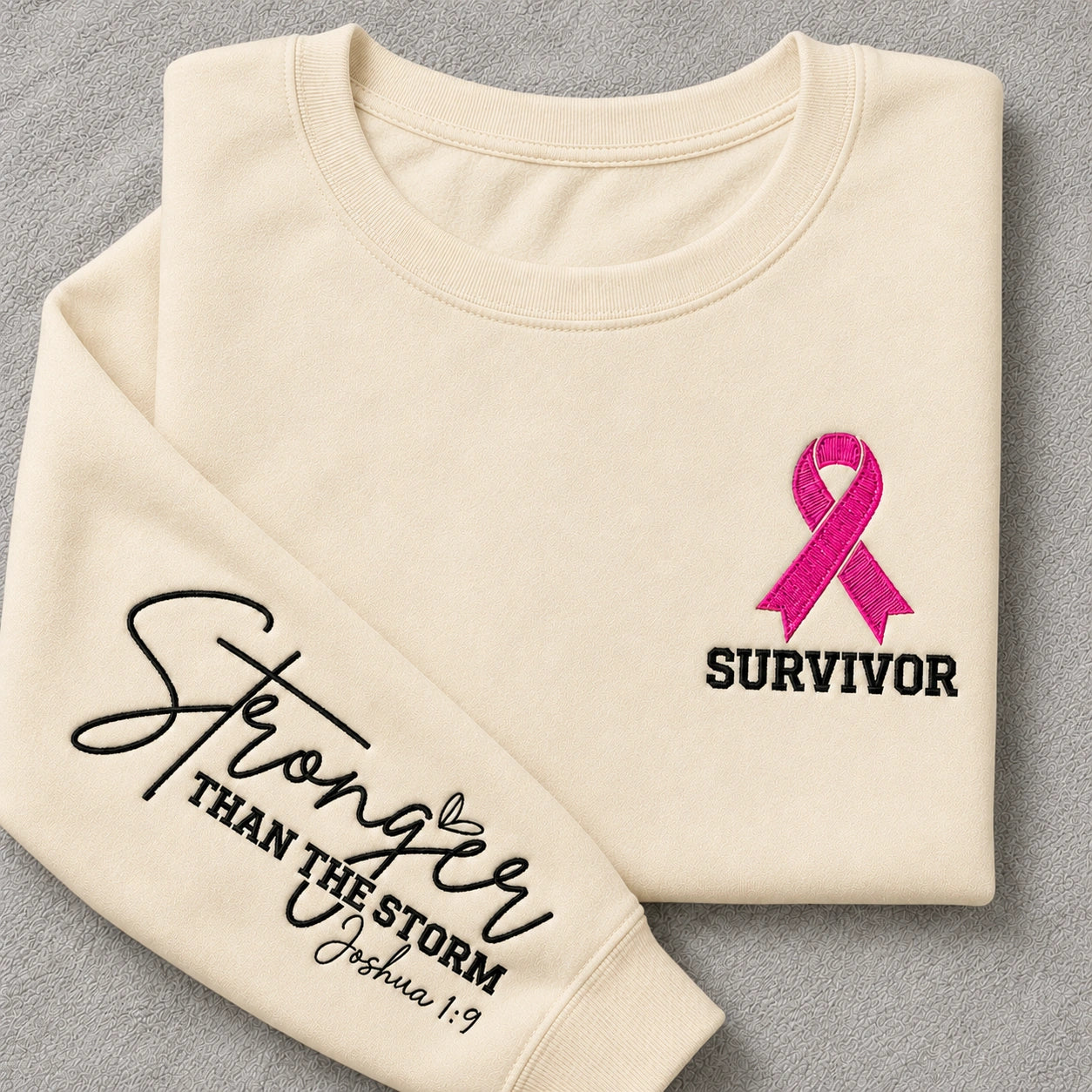 Stronger Than The Storm Embroidered Unisex Crewneck Sweatshirt, Pink Ribbon Awareness Gift