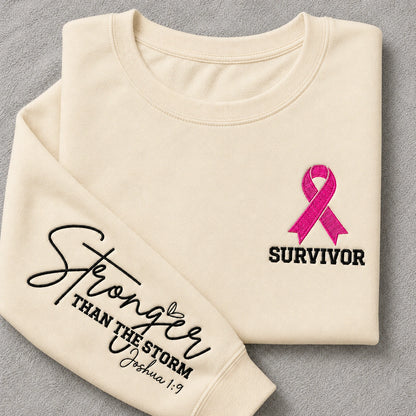 Stronger Than The Storm Embroidered Unisex Crewneck Sweatshirt, Pink Ribbon Awareness Gift
