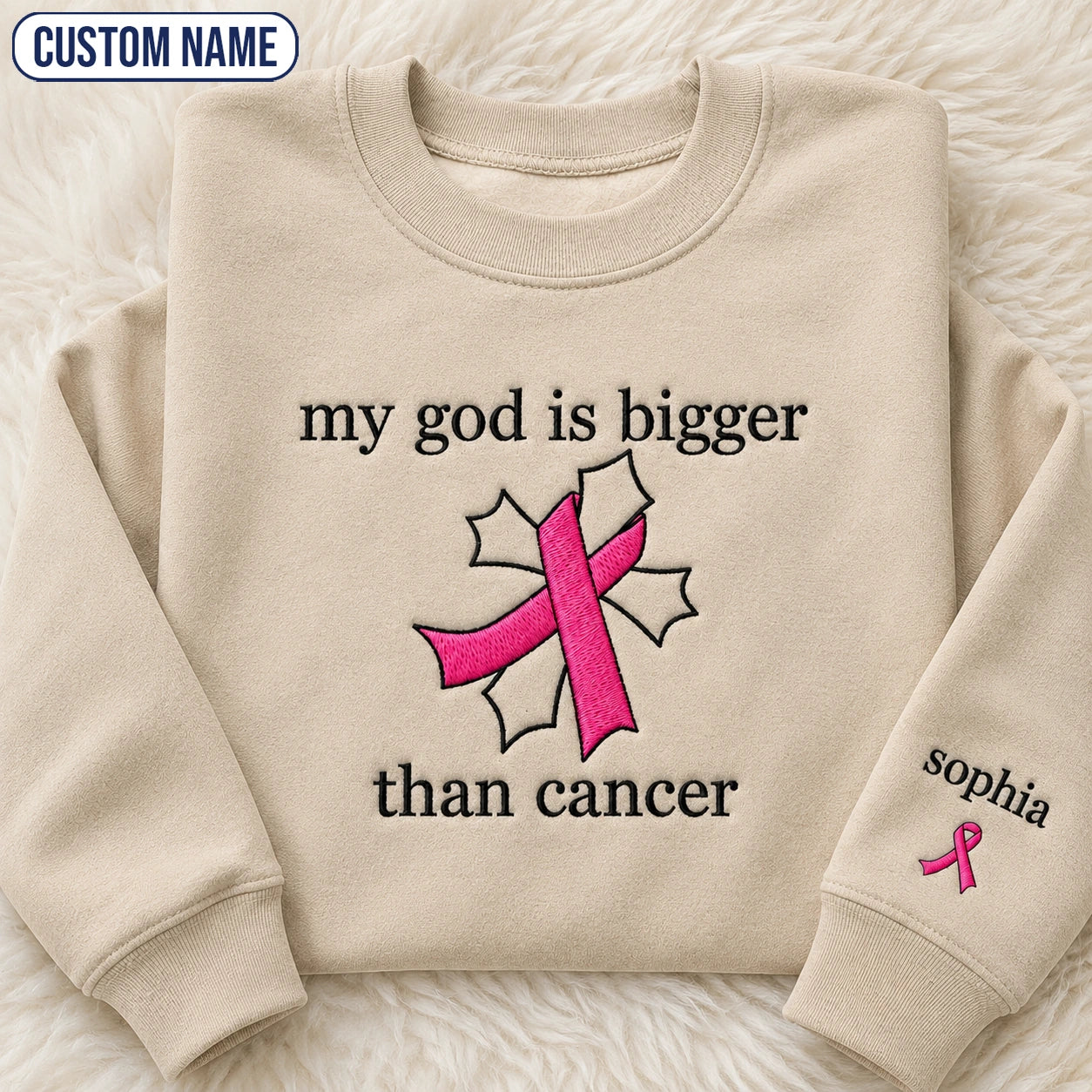 Personalized My God Is Bigger Embroidered Unisex Crewneck Sweatshirt, Pink Ribbon Awareness Gift