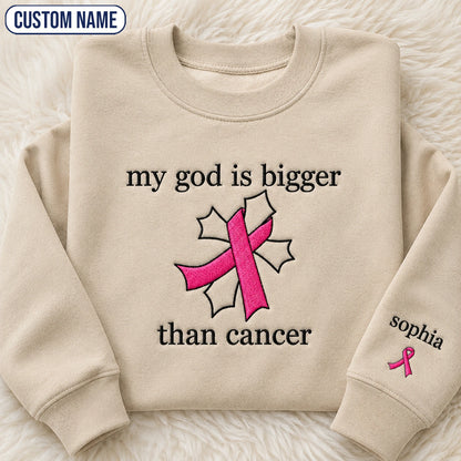 Personalized My God Is Bigger Embroidered Unisex Crewneck Sweatshirt, Pink Ribbon Awareness Gift