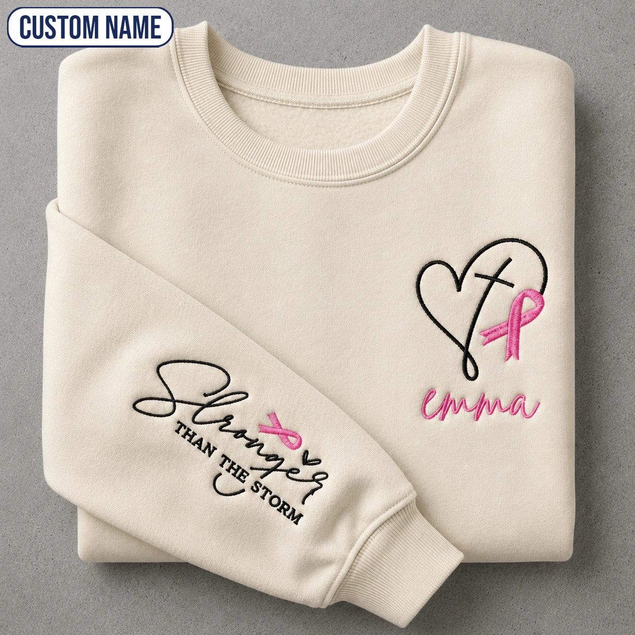 Personalized Stronger Than The Storm Embroidered Unisex Crewneck Sweatshirt, Pink Ribbon Awareness Gift